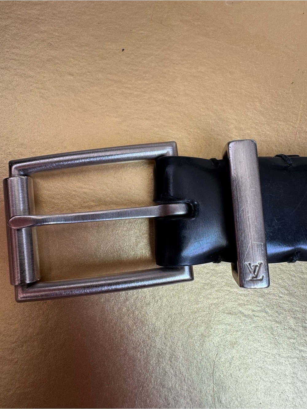 Louis Vuitton Black Leather Belt with Silver-Tone LV Buckle